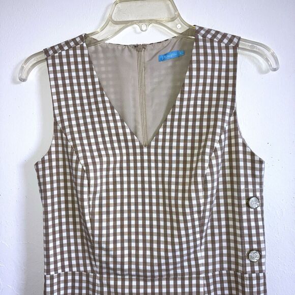 J McLAUGHLIN sz 4 White Tan Paulson Gingham Plaid Sleeveless Button Side Dress - Picture 2 of 8